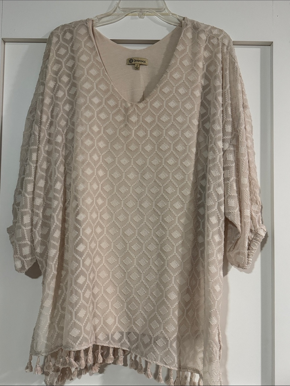 Democracy Light Cream Geometric V‑Neck Tassel Tunic